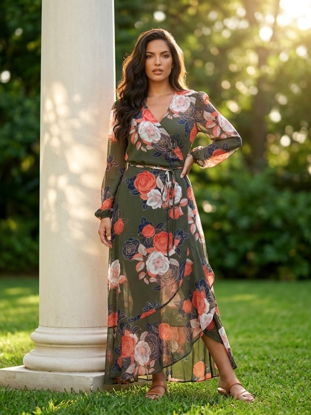 City Chic Kataleya Long Sleeve Chiffon Maxi Wrap Dress